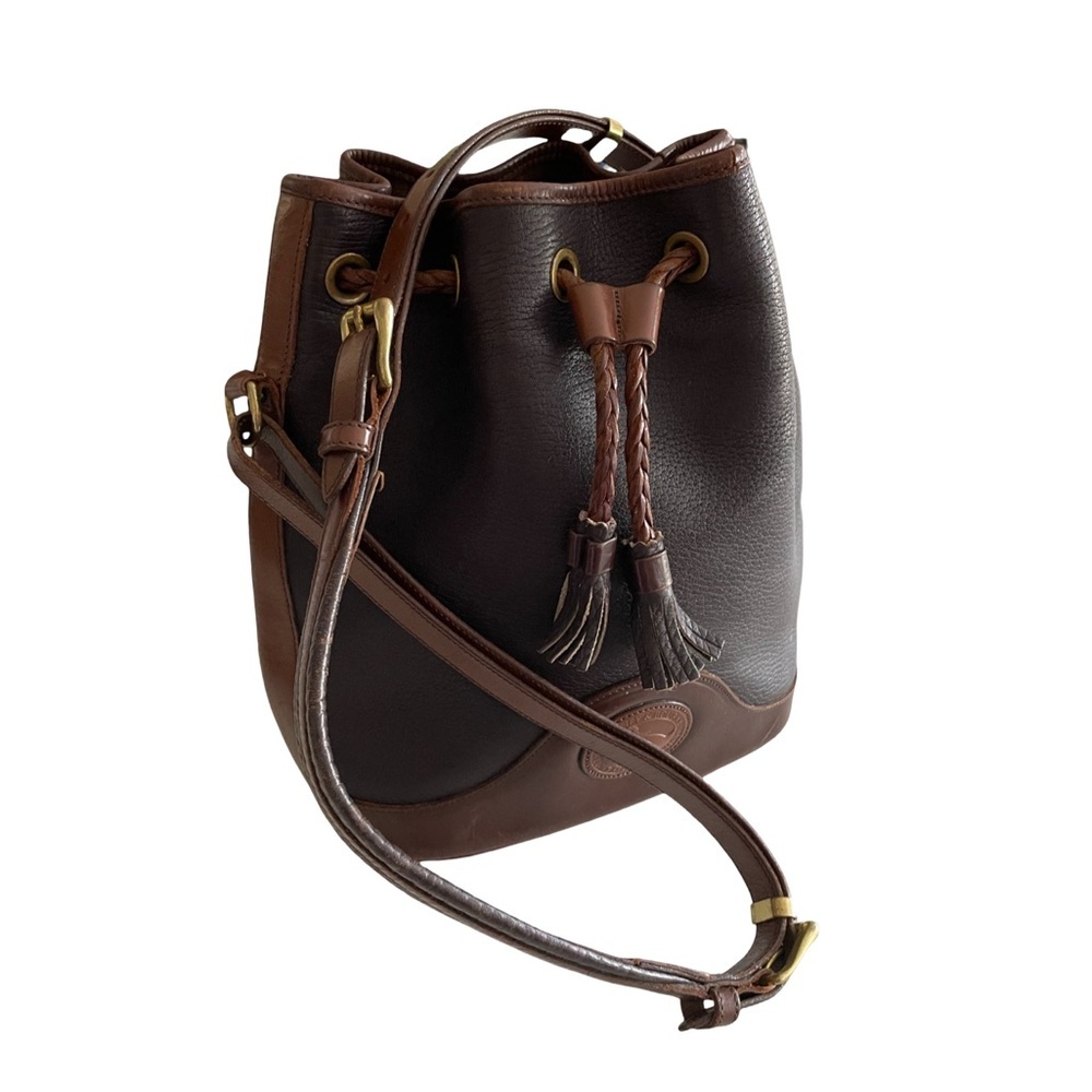 Dooney & Bourke Vintage Brown Leather Bucket Bag w/Tassel Drawstring Crossbody